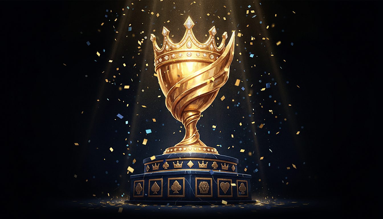 golden trophy on a podium with confetti, tournament theme